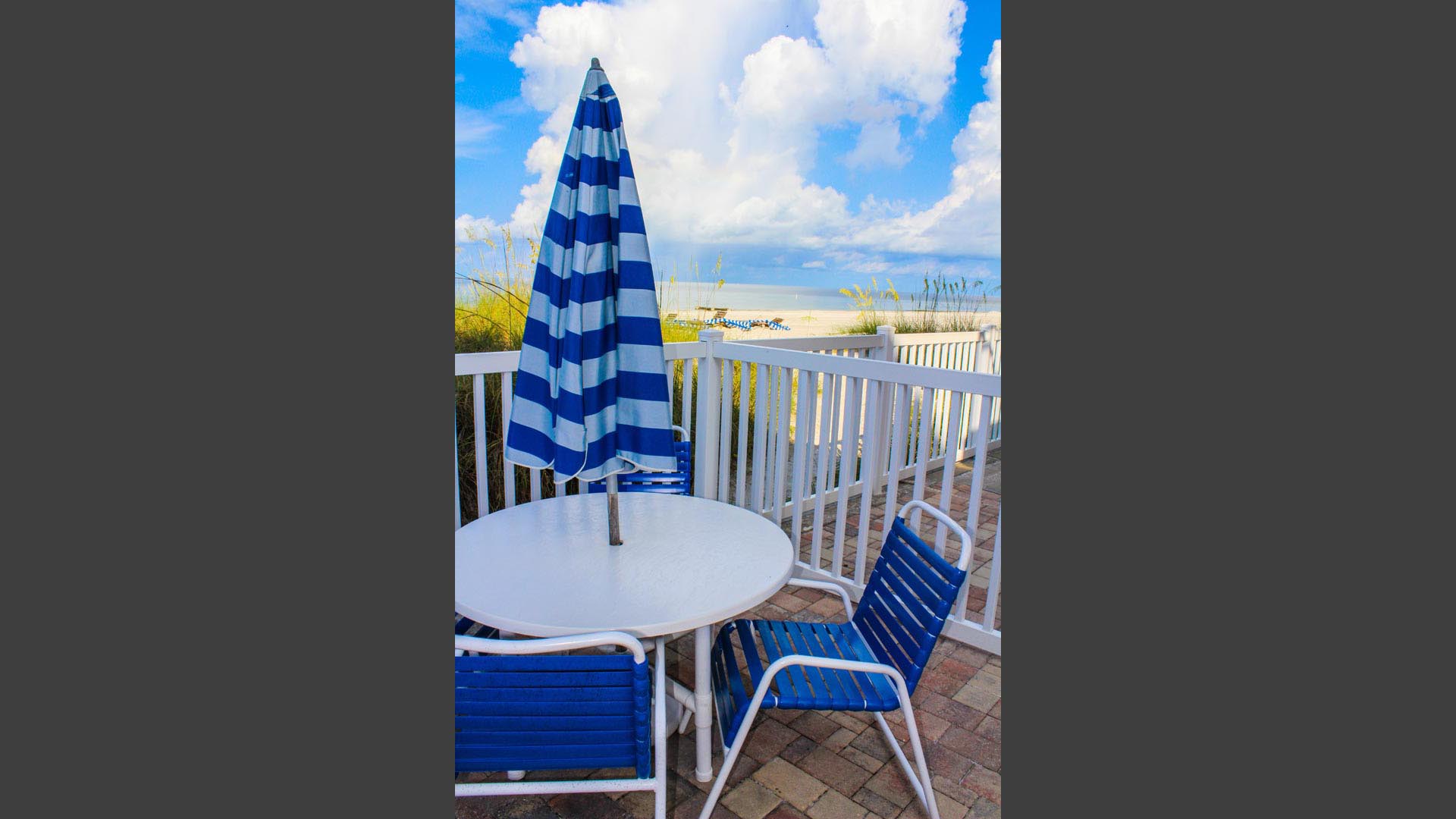 A balcony view to the beach at VRI's Island Gulf Resort in Madeira Beach, Florida.